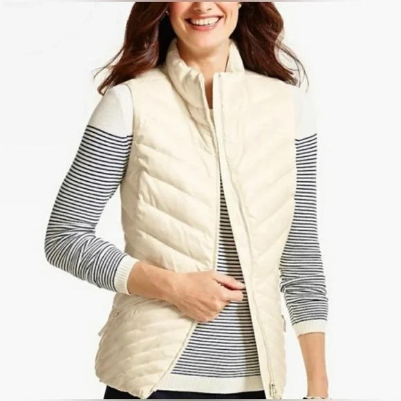 Talbot’s Women’s Chevron Style Puffer Vest Warm Down Fill Creme’ Color Size M - Picture 1 of 9